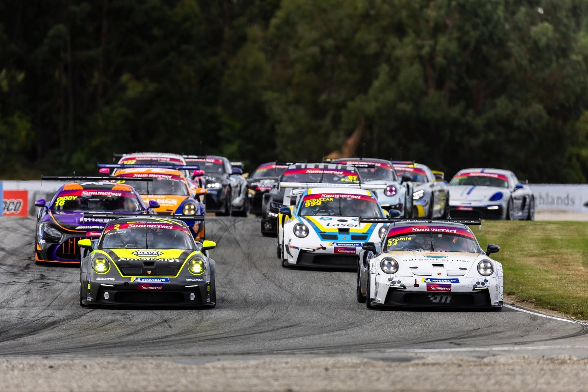 The Summerset GT New Zealand Championship field charges head-on down the circuit